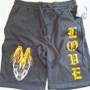 Love Black Shorts with Skull and Yellow Graphic